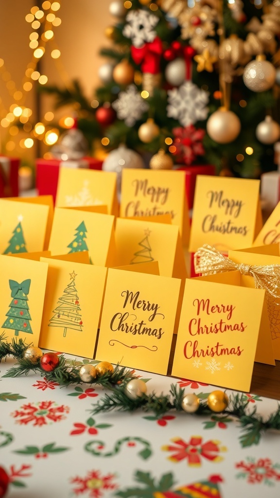 A variety of DIY yellow Christmas cards with festive designs on a decorated table.